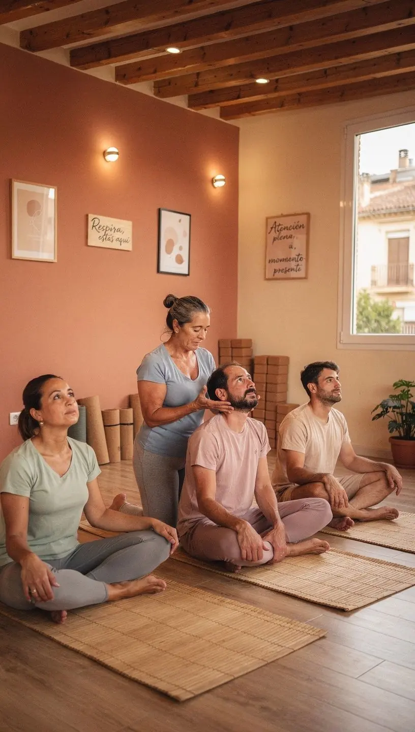 Instructor de yoga guiando una clase sobre técnicas de relajación para el cuello.