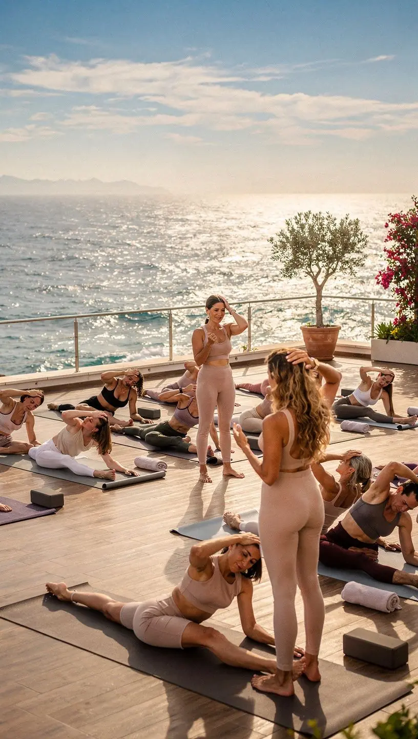 Un grupo de individuos realizando ejercicios de postura para corregir la alineación del cuello mientras usan dispositivos electrónicos.