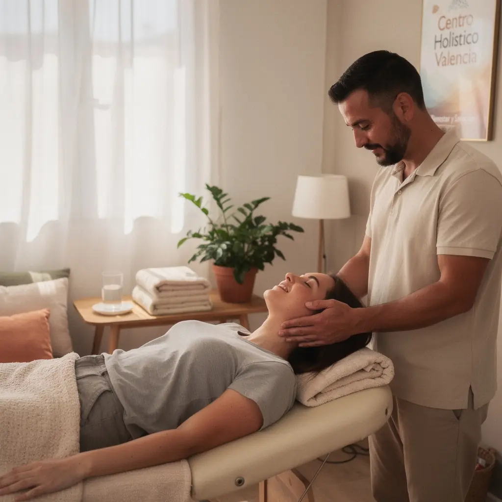 Una mujer sentada en una silla, realizando movimientos suaves del cuello para liberar la tensión acumulada por el tiempo frente a la computadora.