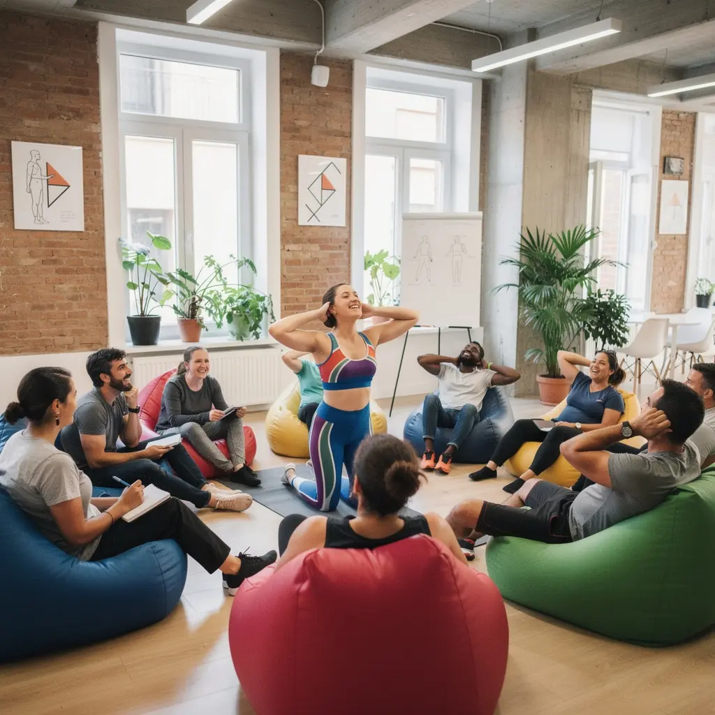 Un grupo de individuos realizando ejercicios de postura para corregir la alineación del cuello mientras usan dispositivos electrónicos.