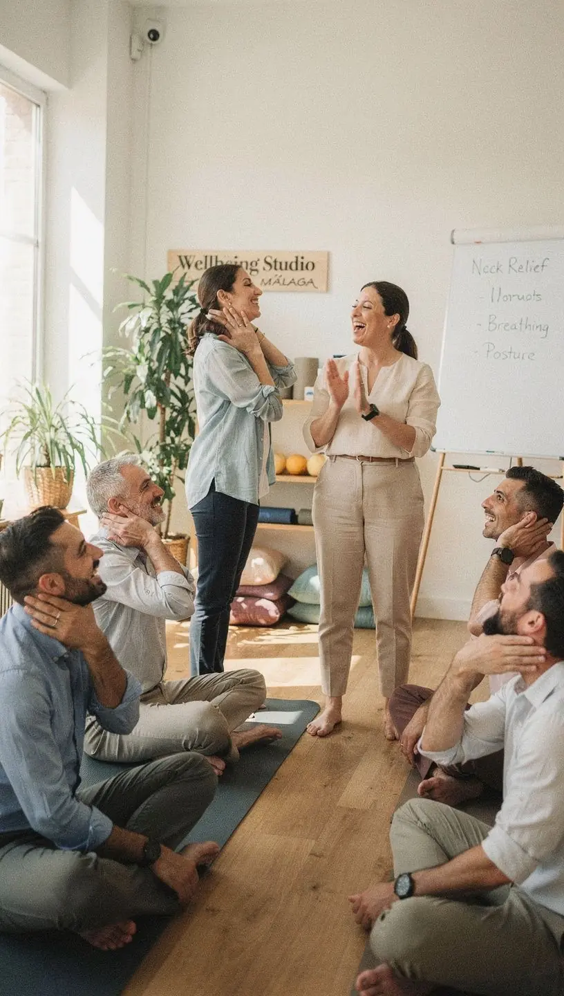 Un grupo de individuos realizando ejercicios de postura para corregir la alineación del cuello mientras usan dispositivos electrónicos.
