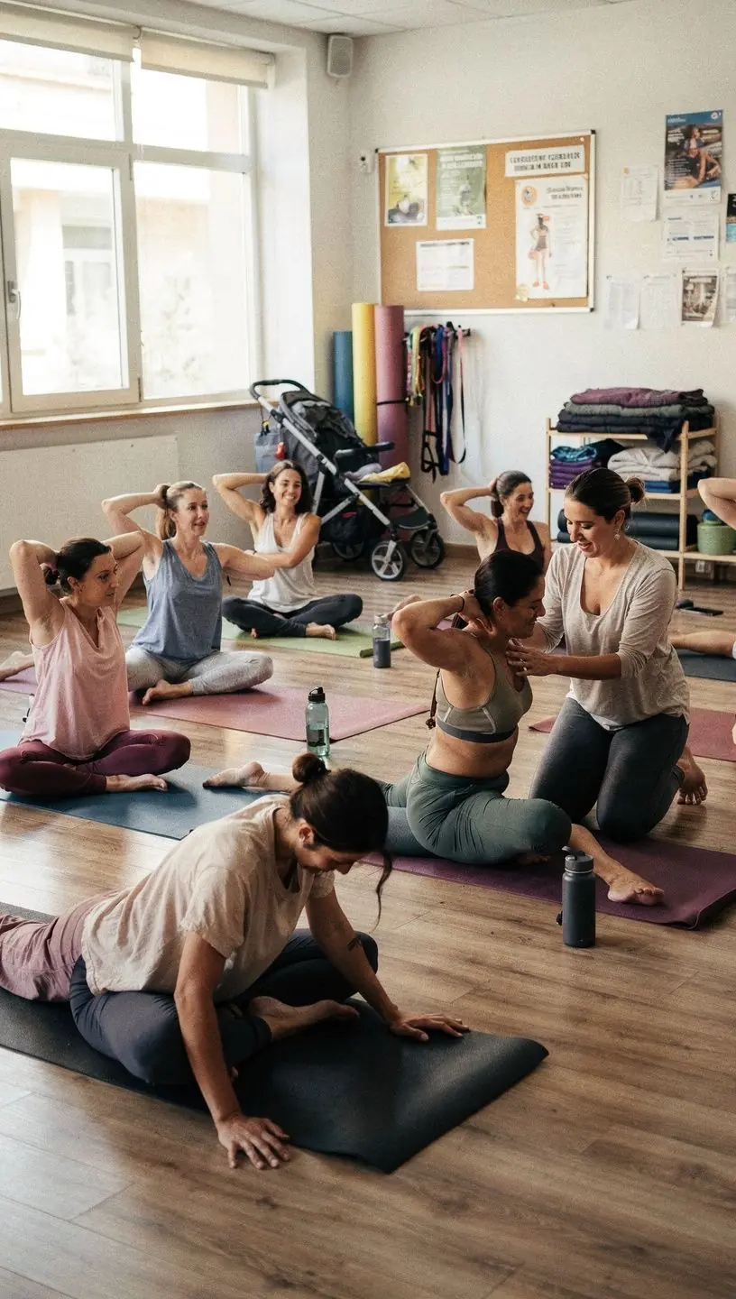 Un grupo de individuos realizando ejercicios de postura para corregir la alineación del cuello mientras usan dispositivos electrónicos.