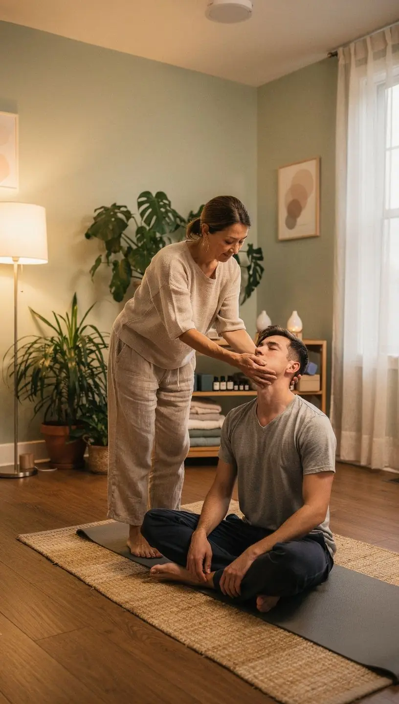 Un grupo de individuos realizando ejercicios de postura para corregir la alineación del cuello mientras usan dispositivos electrónicos.